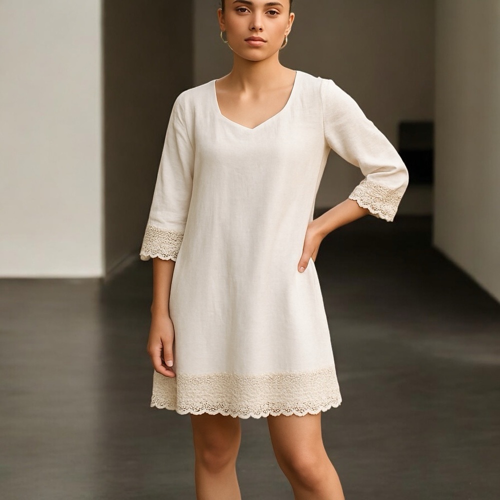 Hive &‎ Honey NWT White Flowy Tunic Dress Med Crochet Lace Trim Boho Cottagecore